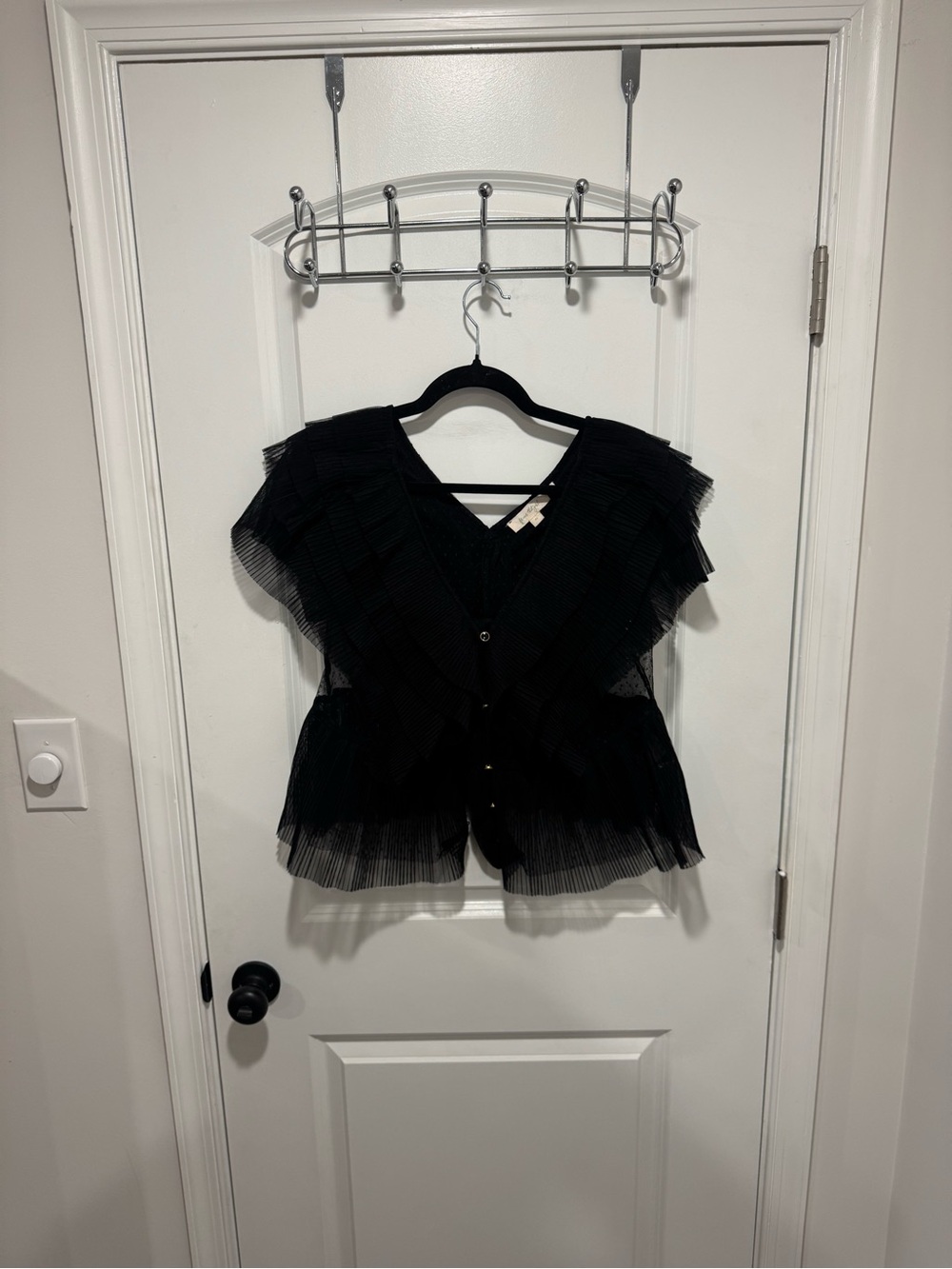 Anthropologie Black Pleated Short Sleeve Ruffle Top, with sheer sides